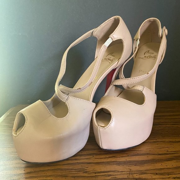Nude crisscross strap platform peeptoe heels with velcro closure sz 9 - Picture 1 of 10